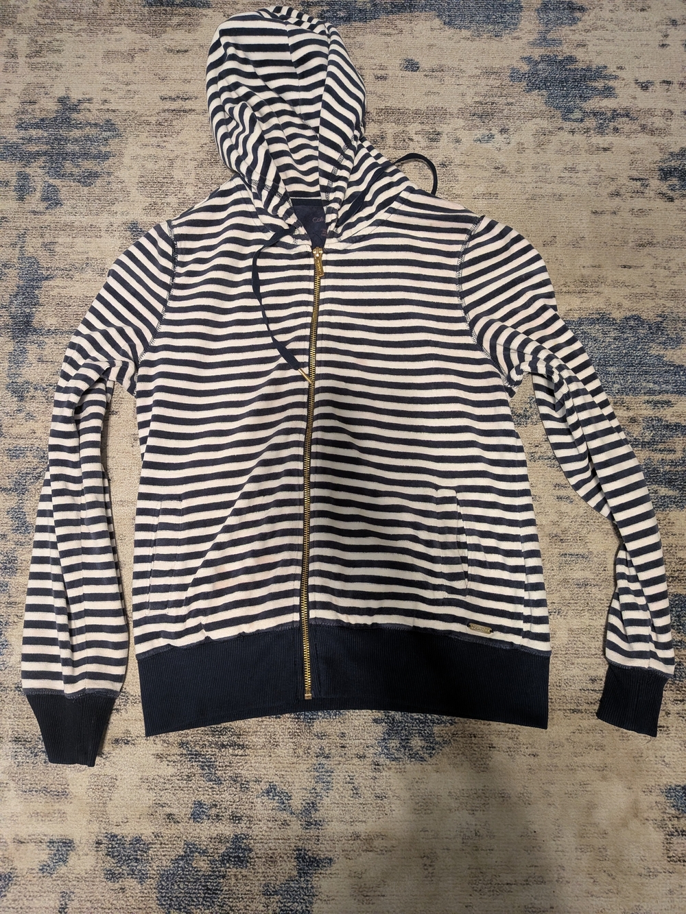 Calvin Klein Navy and White Striped Zip Hoodie with Gold Zipper